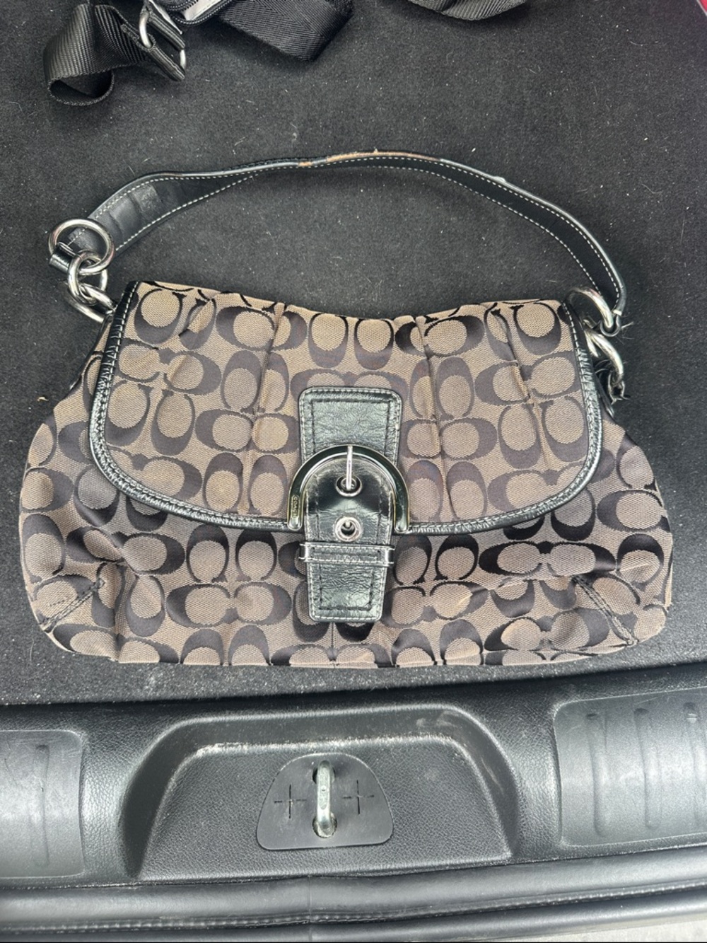 Coach Black and Brown Signature Canvas Buckle Shoulder Bag